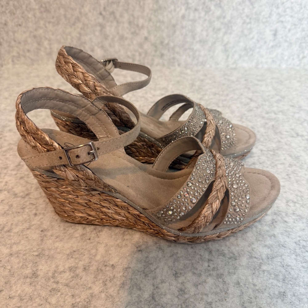 Impo Olympia Wedge Sandals Women 9.5 Taupe Rhinestone Braided Strappy Bling Boho